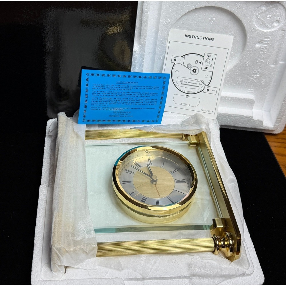 CMI Corporation Glass and Gold Tone Desk Clock with Alarm: Roman Numerals, NIB